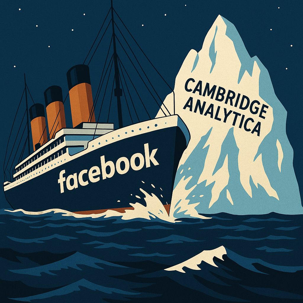 An illustration of a large ship labeled “Facebook” crashing into an iceberg labeled “Cambridge Analytica,” symbolizing the data privacy scandal’s impact on the company.
