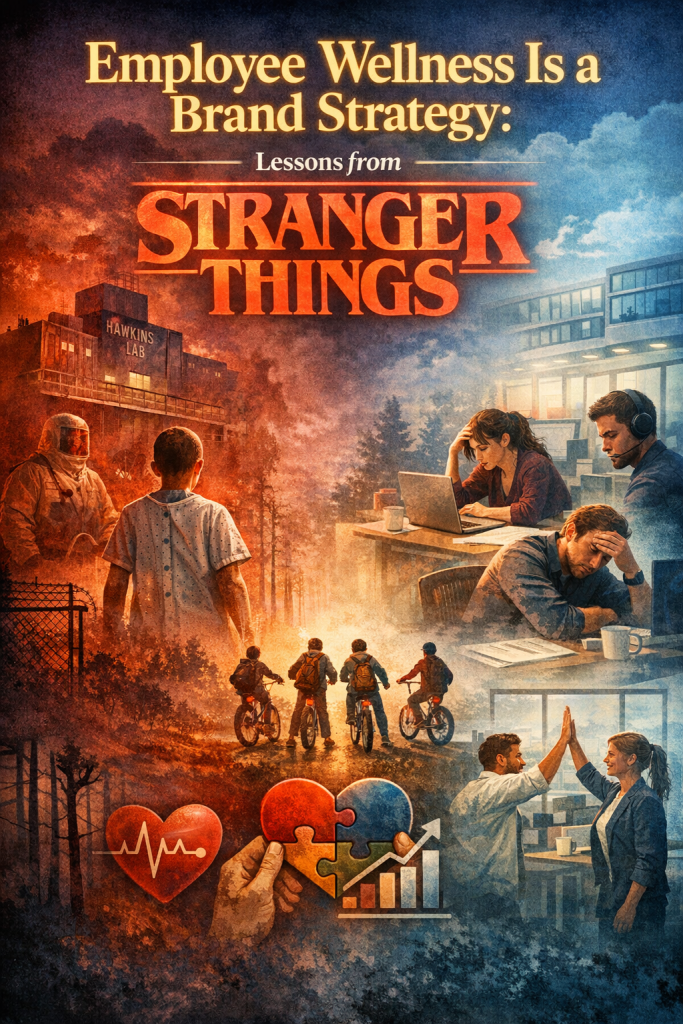 Illustration showing employee wellness and workplace stress contrasted with teamwork and customer experience, inspired by Stranger Things